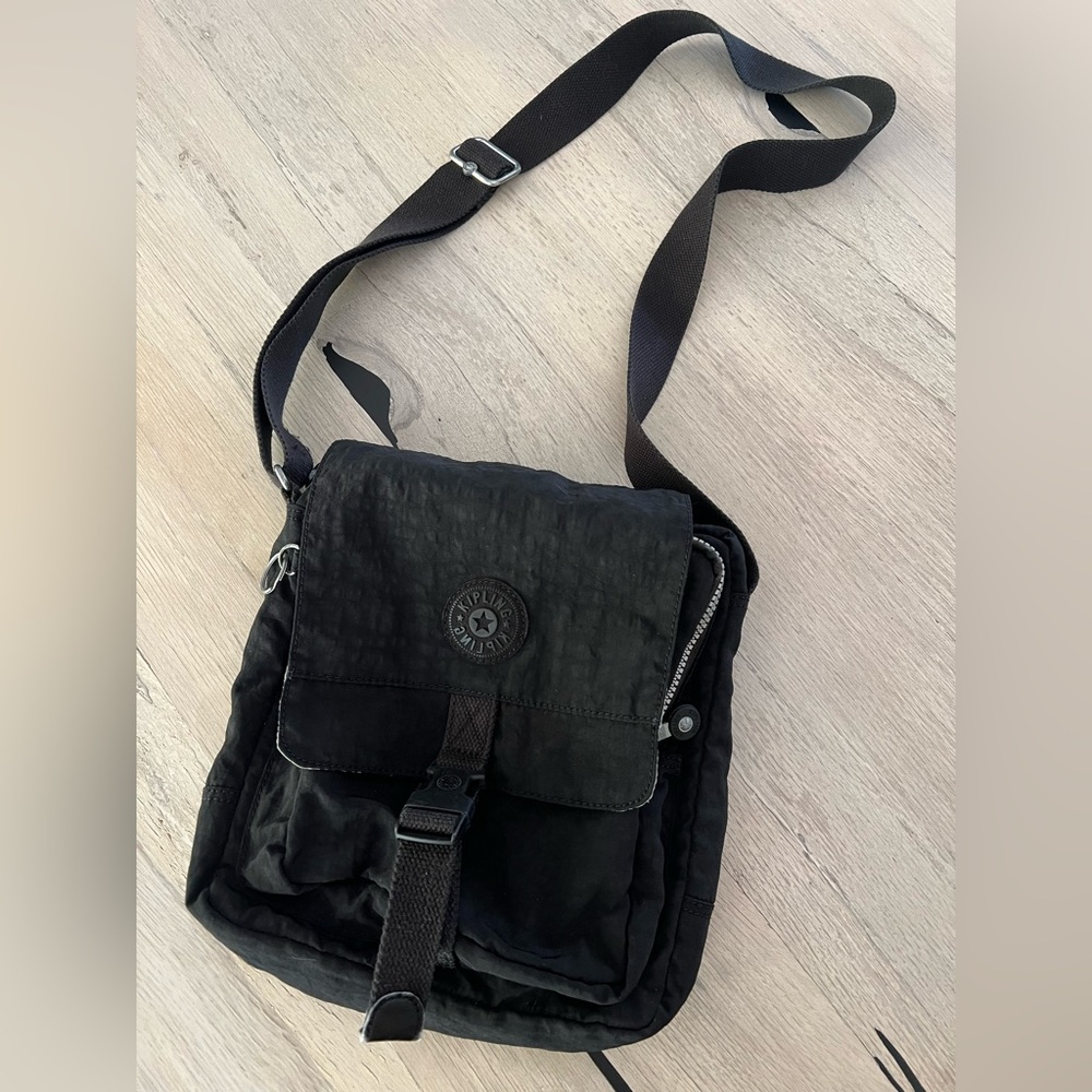 Kipling Lancelot Nylon Crossbody Flap Multi Pocket Buckle Black Messenger Bag